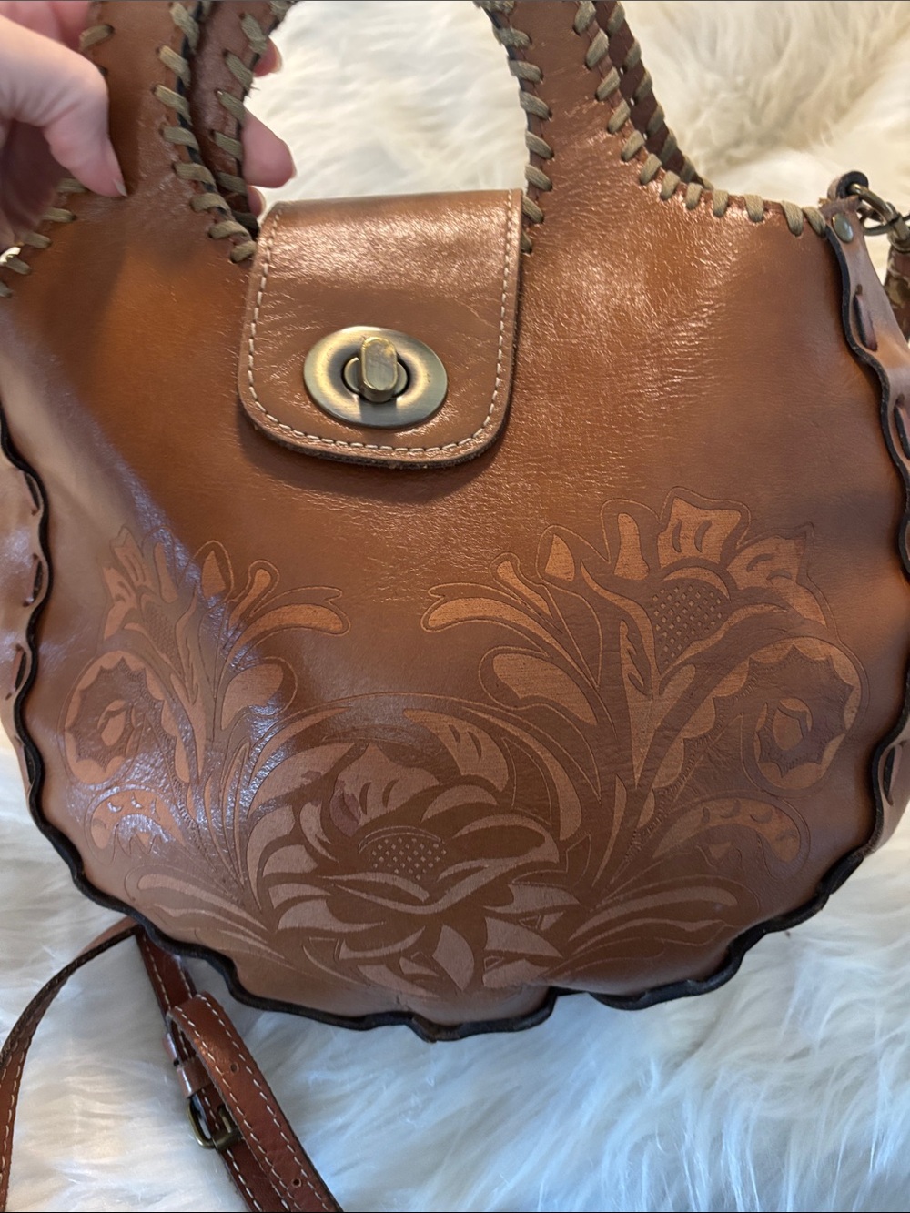 Patricia Nash Cognac Floral-Embossed Sadle Shaped Crossbody Bag - Picture 10 of 10